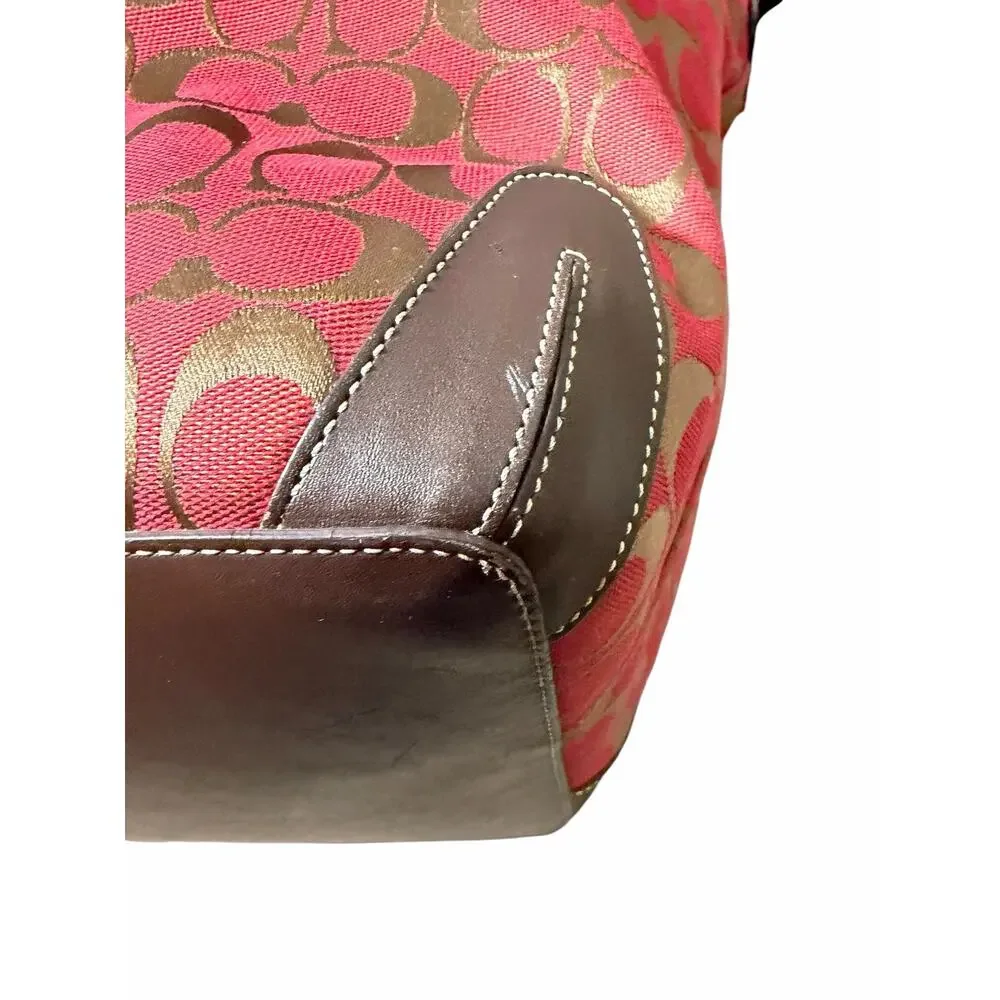 Coach 6083 Signature C Hobo Shoulder Bag Red Brown Canvas Leather Trim G15-608